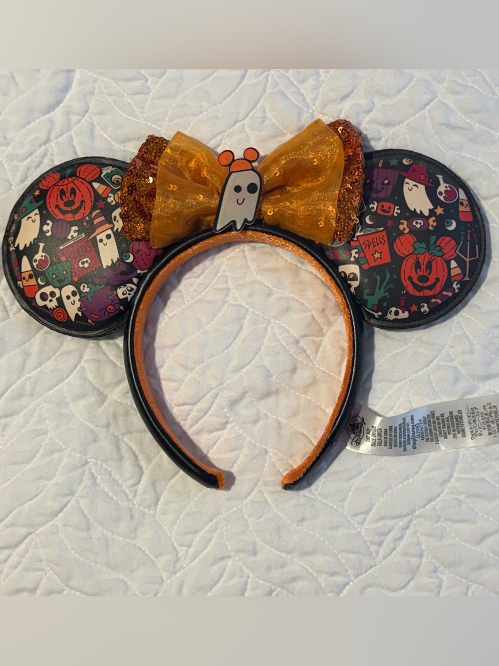Disney Parks Halloween Mickey Minnie Pumpkin Ghost Sequin Ears Headband